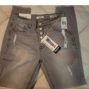 Kensie Vintage High Rise Skinny Jeans Frayed Hem Gray/Black Button Fly Size 6/28